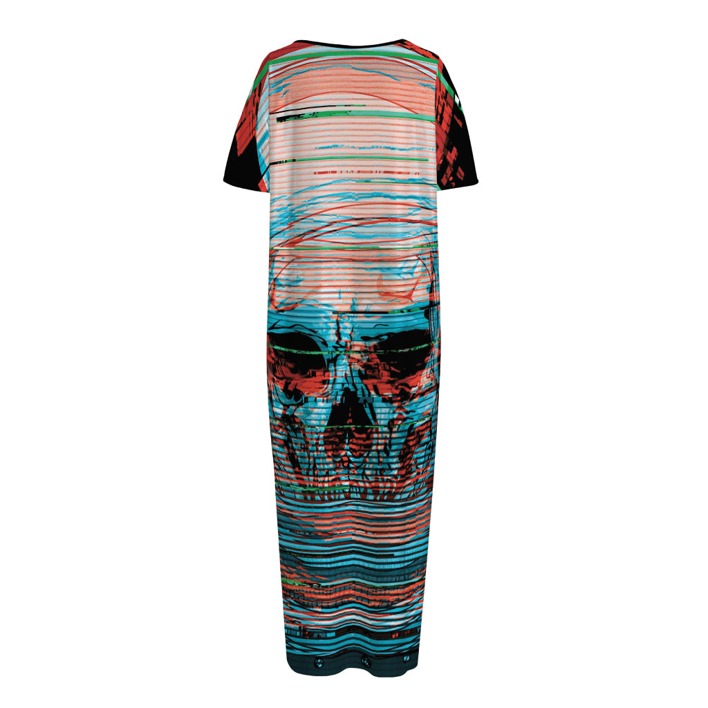 Digital Glitch Astronaut Skull Print Short Sleeve Long Nightdress