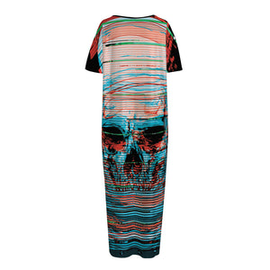 Digital Glitch Astronaut Skull Print Short Sleeve Long Nightdress