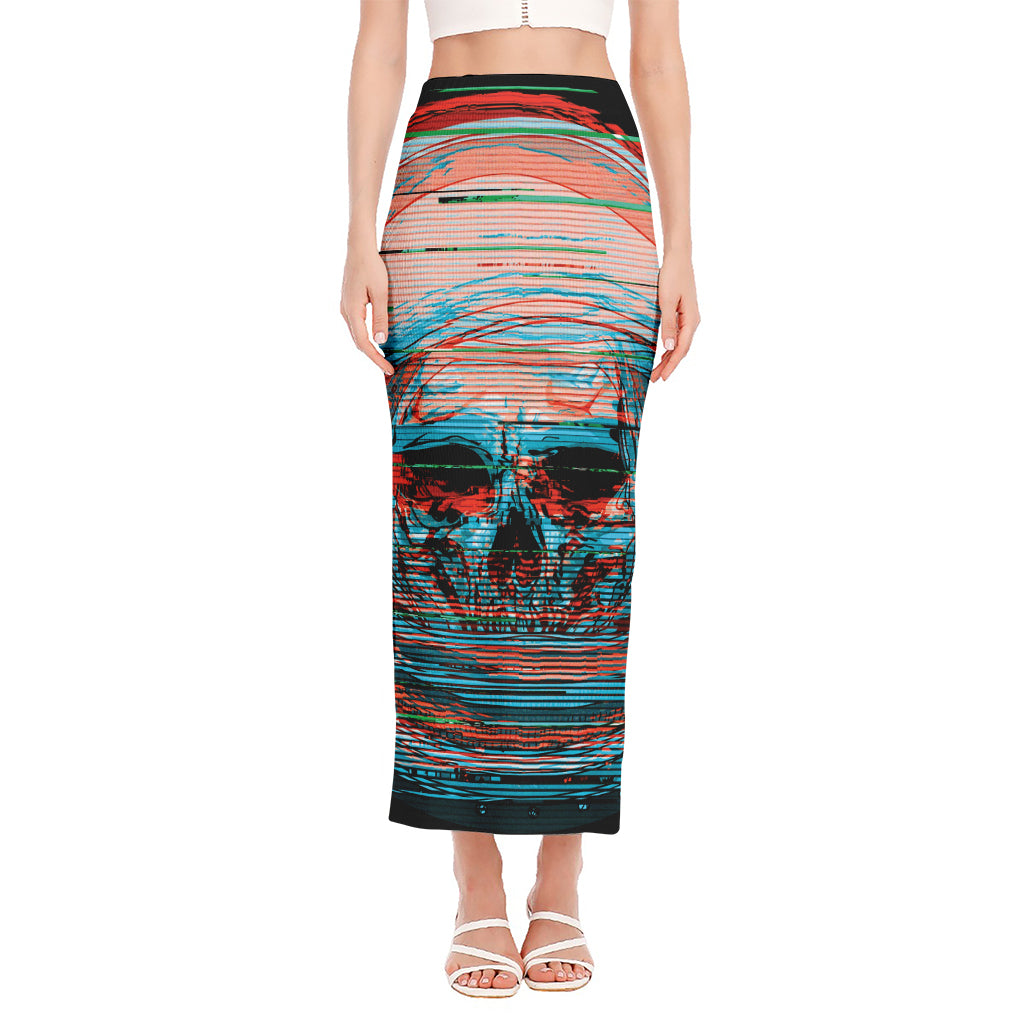 Digital Glitch Astronaut Skull Print Side Slit Maxi Skirt