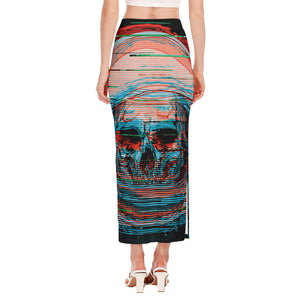 Digital Glitch Astronaut Skull Print Side Slit Maxi Skirt