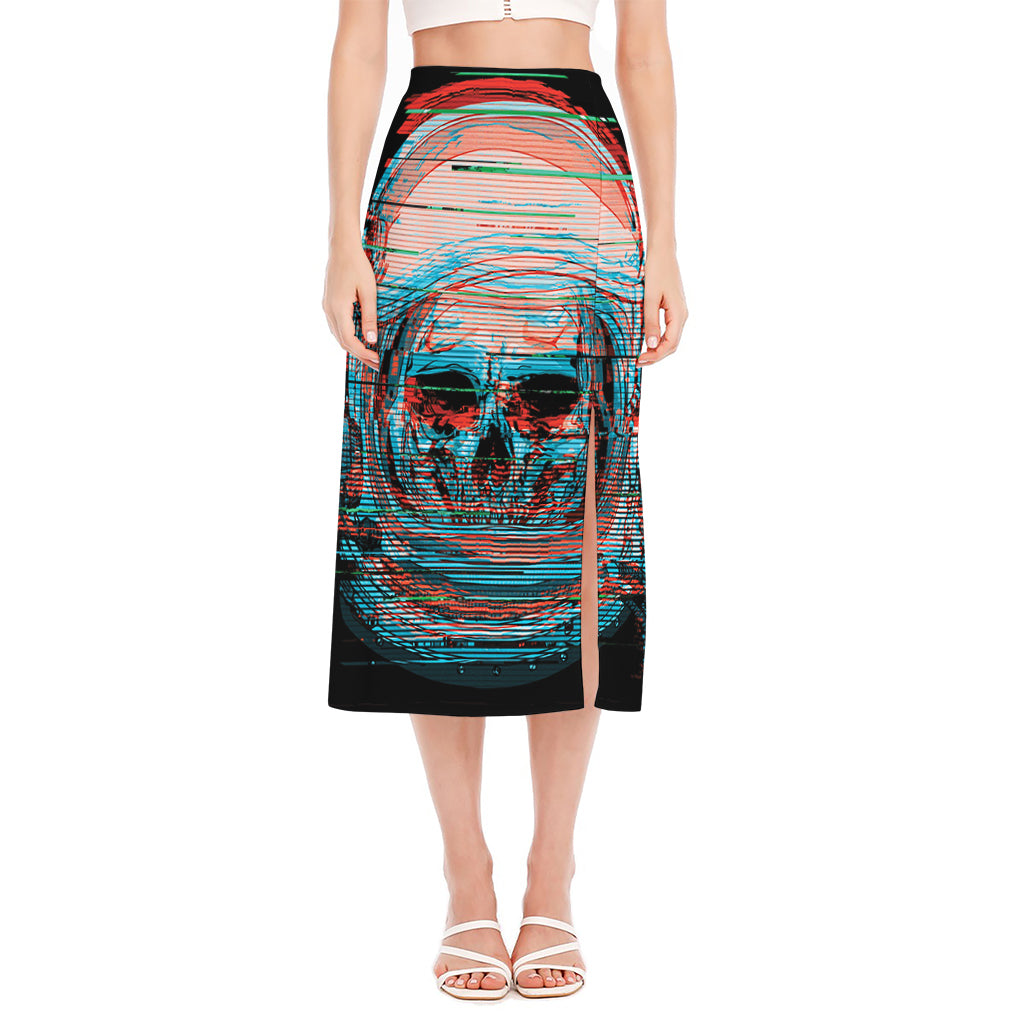 Digital Glitch Astronaut Skull Print Side Slit Midi Skirt