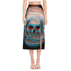 Digital Glitch Astronaut Skull Print Side Slit Midi Skirt