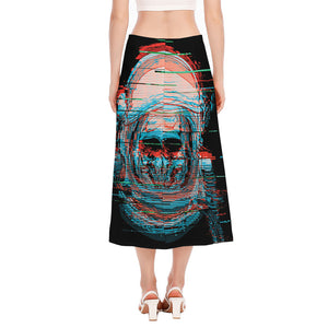 Digital Glitch Astronaut Skull Print Side Slit Midi Skirt