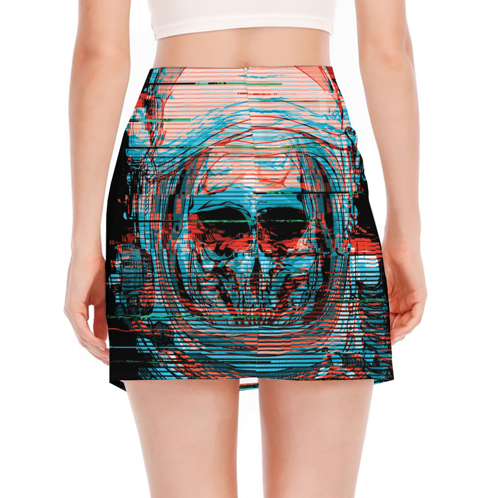 Digital Glitch Astronaut Skull Print Side Slit Mini Skirt