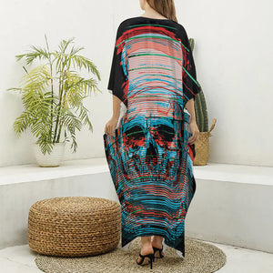 Digital Glitch Astronaut Skull Print Silk V-Neck Kaftan Dress