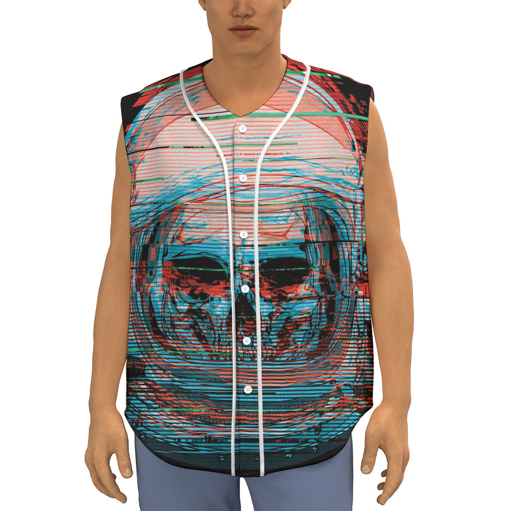 Digital Glitch Astronaut Skull Print Sleeveless Baseball Jersey