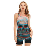 Digital Glitch Astronaut Skull Print Sleeveless One Piece Swimsuit