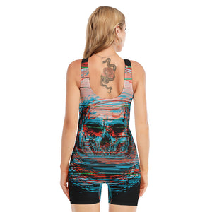 Digital Glitch Astronaut Skull Print Sleeveless One Piece Swimsuit