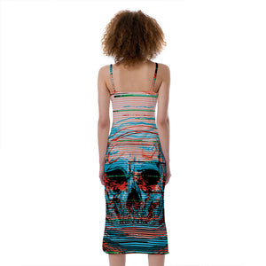 Digital Glitch Astronaut Skull Print Slim Fit Midi Cami Dress