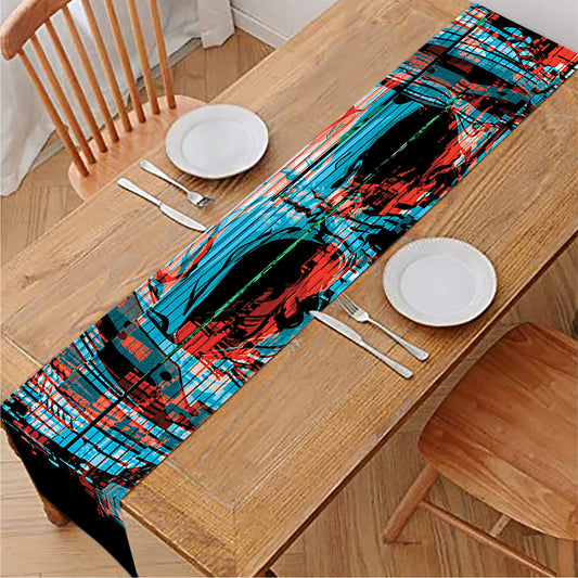 Digital Glitch Astronaut Skull Print Table Runner