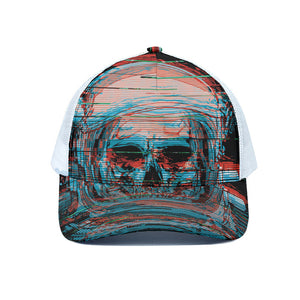 Digital Glitch Astronaut Skull Print White Mesh Trucker Cap