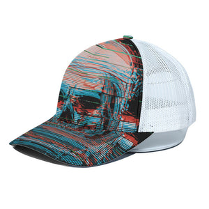 Digital Glitch Astronaut Skull Print White Mesh Trucker Cap