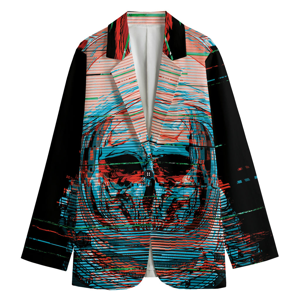 Digital Glitch Astronaut Skull Print Women's Blazer