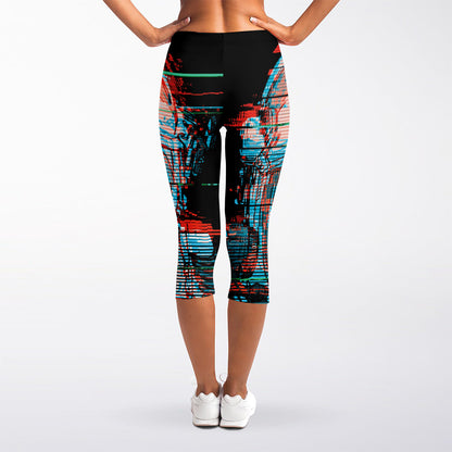 Digital Glitch Astronaut Skull Print Women's Capri Leggings