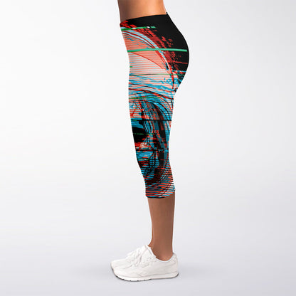 Digital Glitch Astronaut Skull Print Women's Capri Leggings