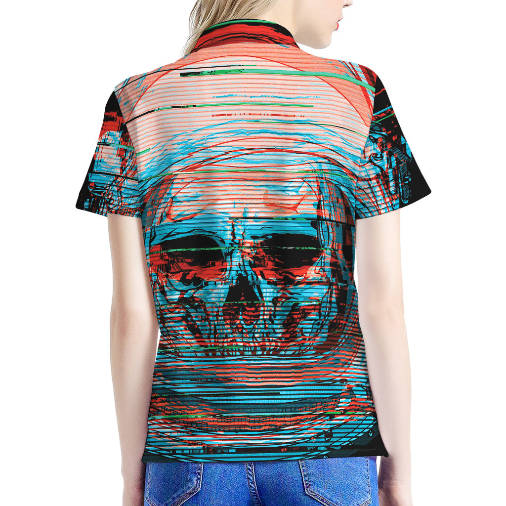 Digital Glitch Astronaut Skull Print Women's Polo Shirt