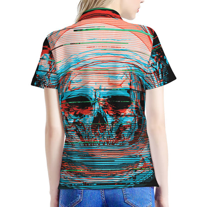 Digital Glitch Astronaut Skull Print Women's Polo Shirt
