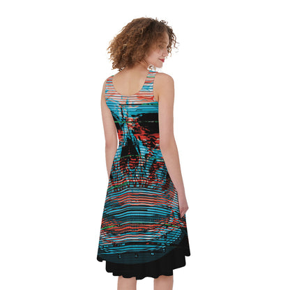 Digital Glitch Astronaut Skull Print Women's Sleeveless Dress