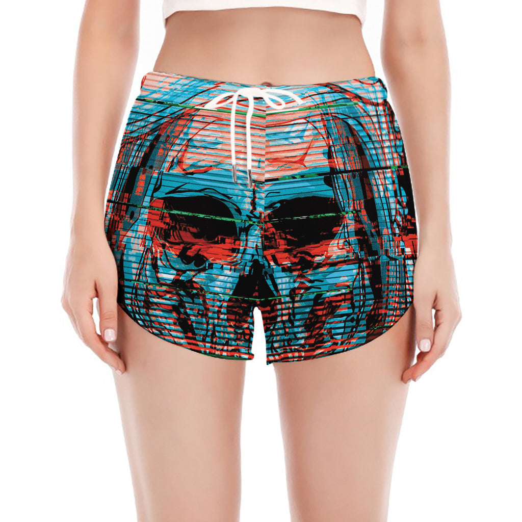 Digital Glitch Astronaut Skull Print Women's Split Running Shorts