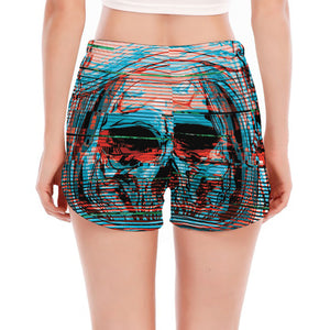 Digital Glitch Astronaut Skull Print Women's Split Running Shorts