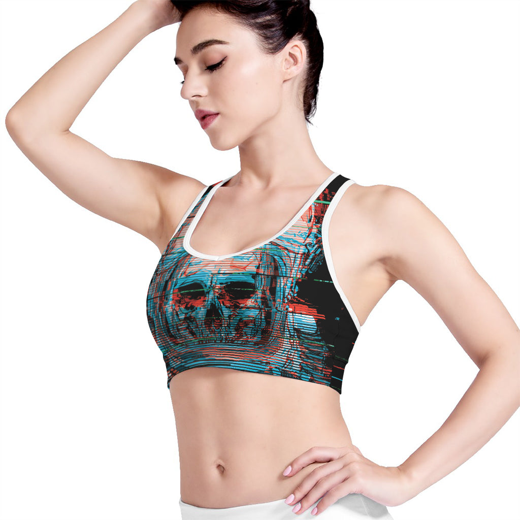 Digital Glitch Astronaut Skull Print Women's Sports Bra