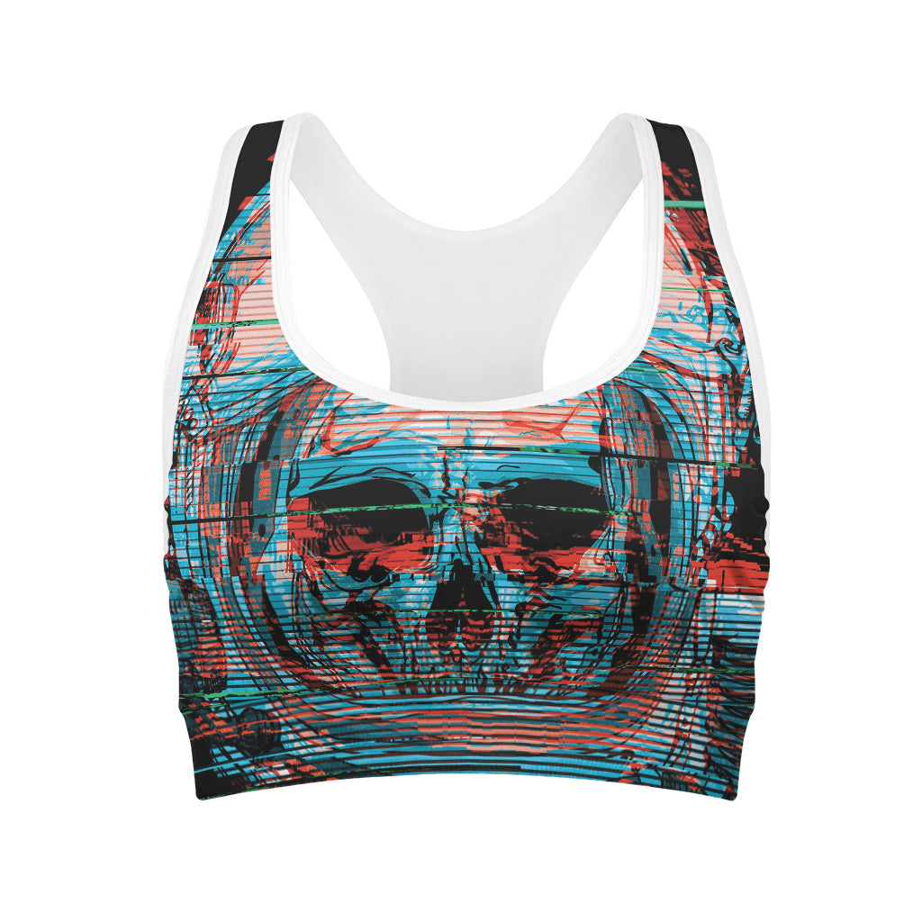 Digital Glitch Astronaut Skull Print Women's Sports Bra