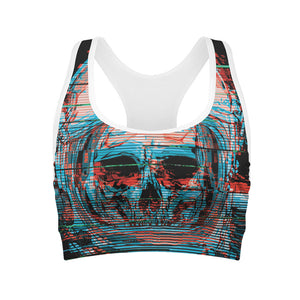 Digital Glitch Astronaut Skull Print Women's Sports Bra