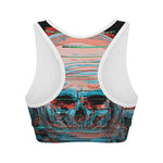 Digital Glitch Astronaut Skull Print Women's Sports Bra