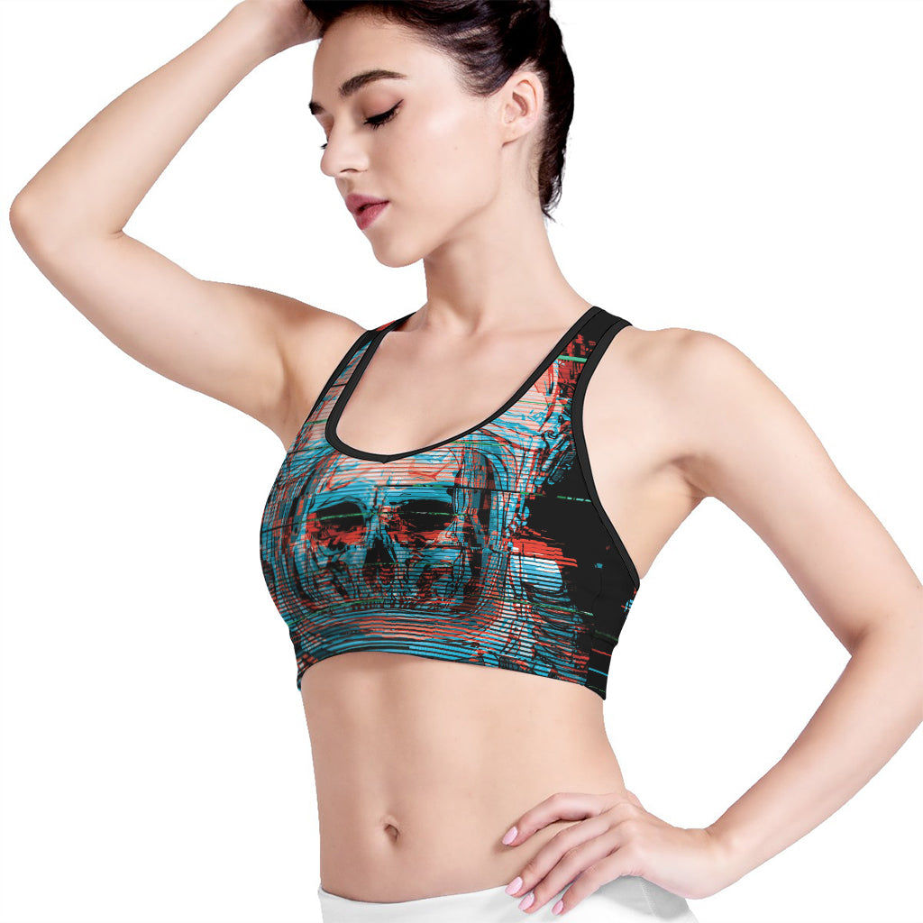 Digital Glitch Astronaut Skull Print Women's Sports Bra