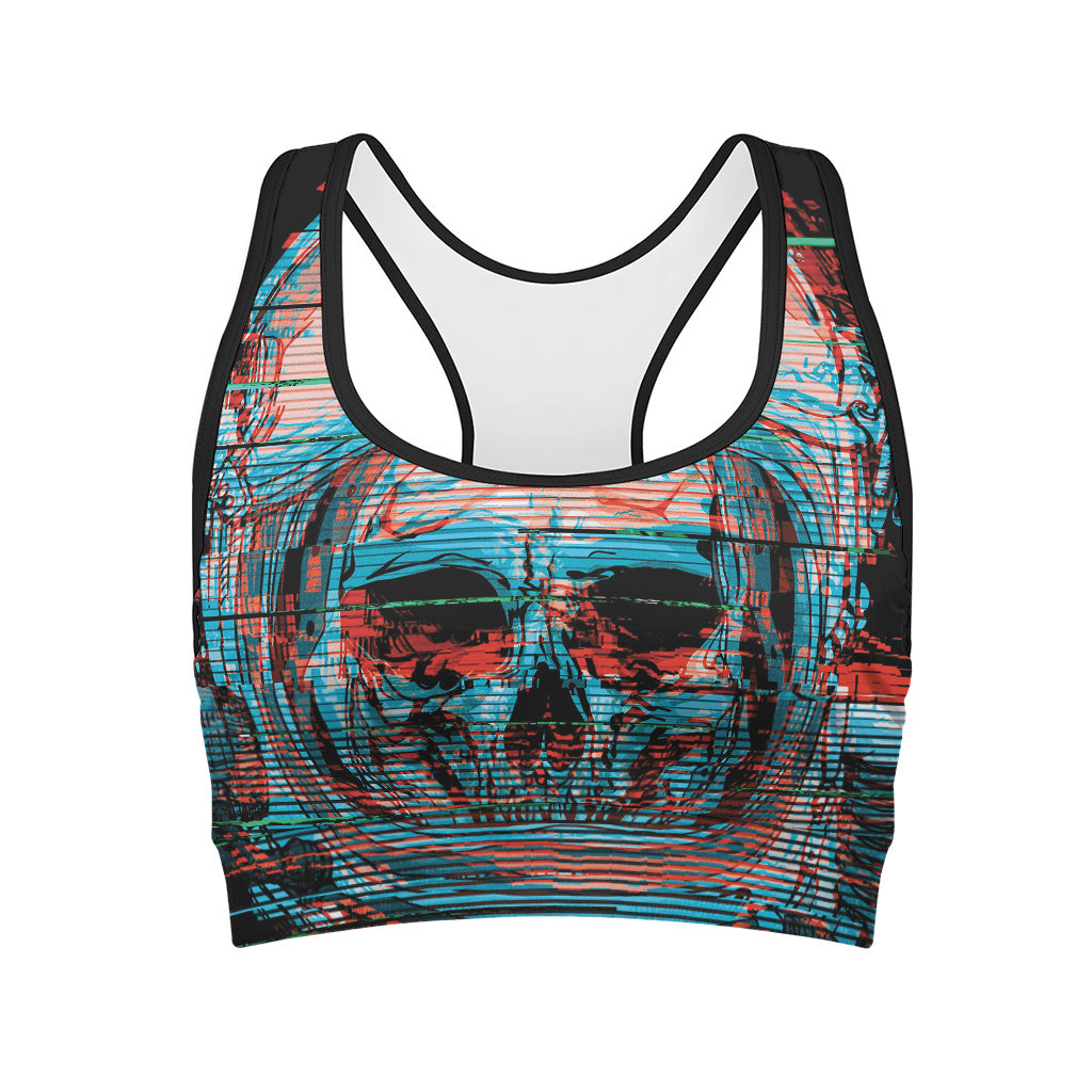 Digital Glitch Astronaut Skull Print Women's Sports Bra