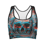 Digital Glitch Astronaut Skull Print Women's Sports Bra