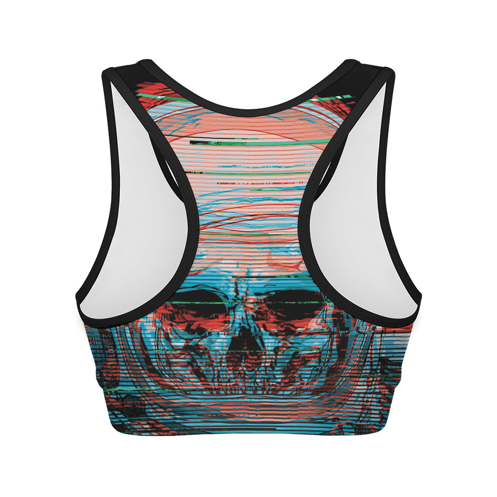 Digital Glitch Astronaut Skull Print Women's Sports Bra