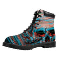 Digital Glitch Astronaut Skull Print Padded Collar Lace Up Boots