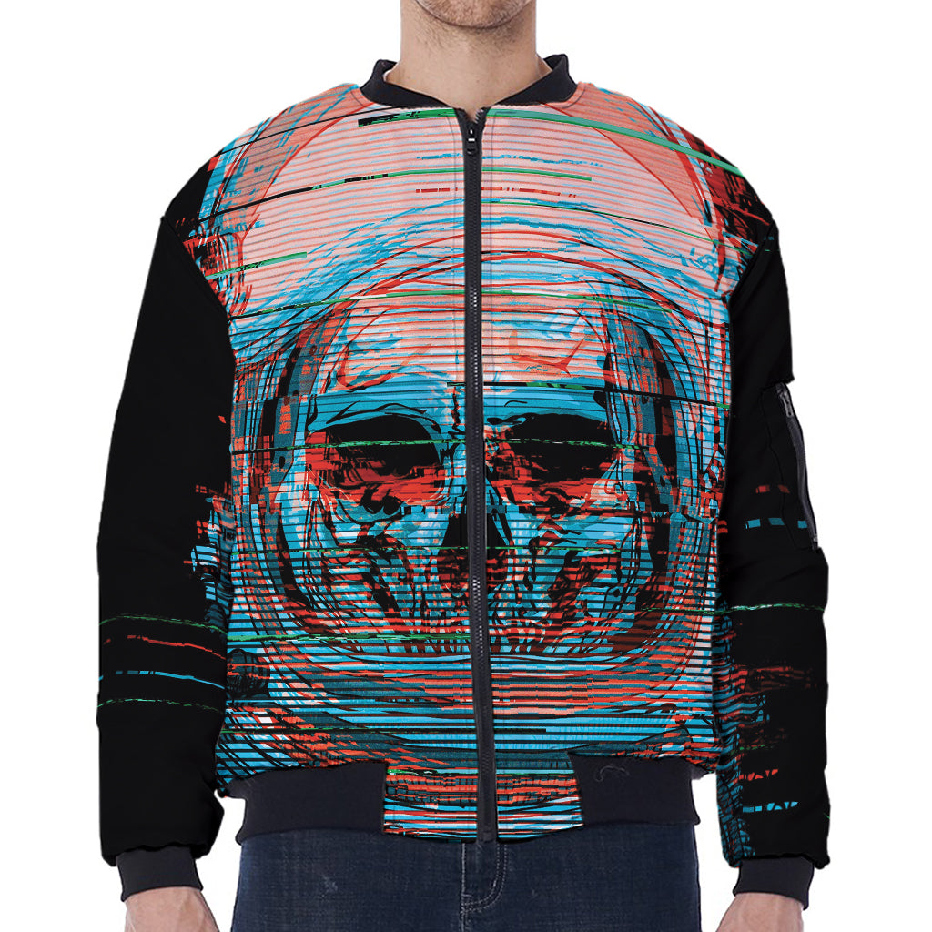 Digital Glitch Astronaut Skull Print Zip Sleeve Bomber Jacket
