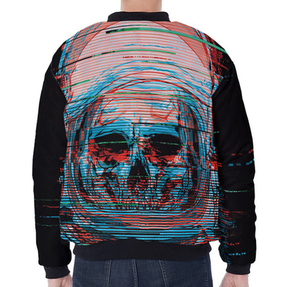 Digital Glitch Astronaut Skull Print Zip Sleeve Bomber Jacket