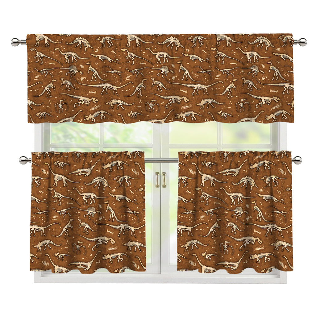 Dino Skeleton Fossil Pattern Print 3 Piece Kitchen Curtains