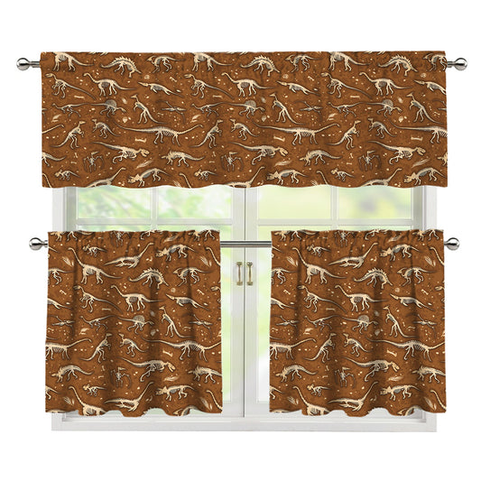 Dino Skeleton Fossil Pattern Print 3 Piece Kitchen Curtains