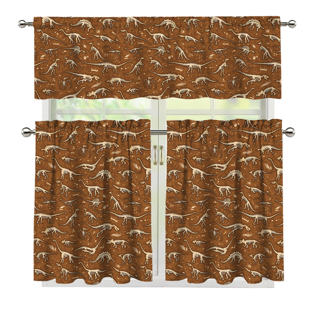 Dino Skeleton Fossil Pattern Print 3 Piece Kitchen Curtains