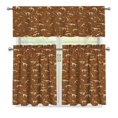 Dino Skeleton Fossil Pattern Print 3 Piece Kitchen Curtains