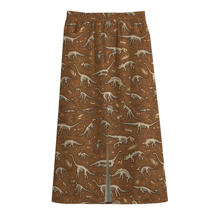 Dino Skeleton Fossil Pattern Print Cotton Front Slit Maxi Skirt