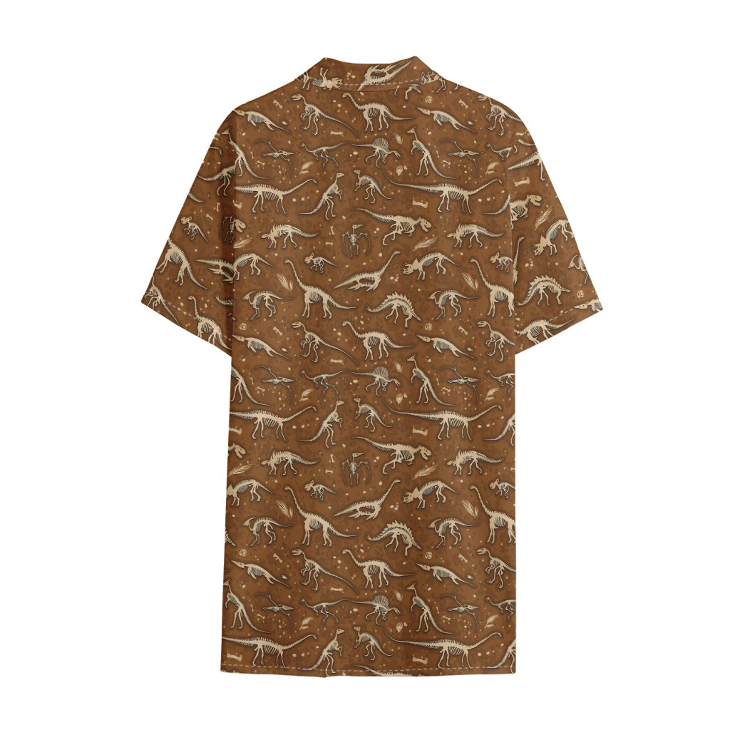 Dino Skeleton Fossil Pattern Print Cotton Hawaiian Shirt