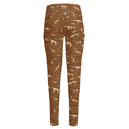 Dino Skeleton Fossil Pattern Print High-Waisted Pocket Leggings