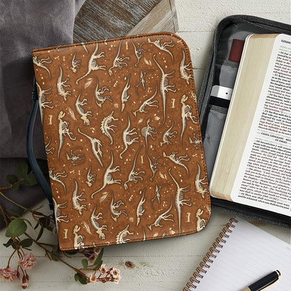 Dino Skeleton Fossil Pattern Print Leather Bible Cover