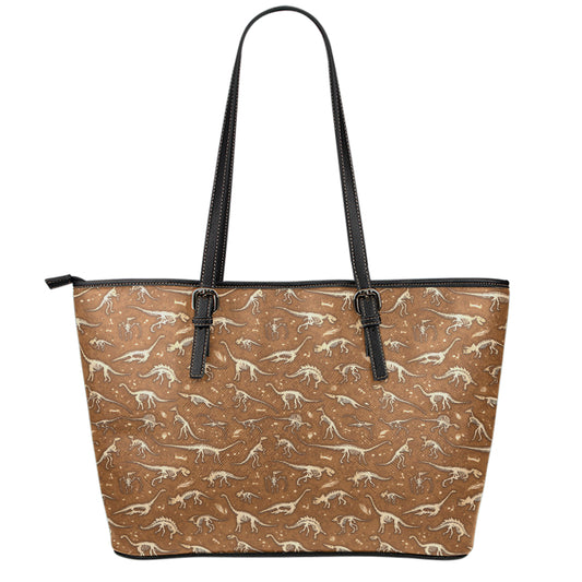 Dino Skeleton Fossil Pattern Print Leather Tote Bag