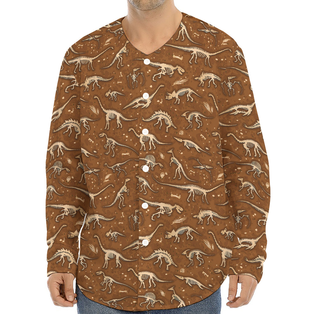 Dino Skeleton Fossil Pattern Print Long Sleeve Baseball Jersey