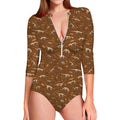 Dino Skeleton Fossil Pattern Print Long Sleeve Swimsuit