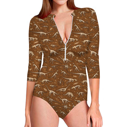Dino Skeleton Fossil Pattern Print Long Sleeve Swimsuit