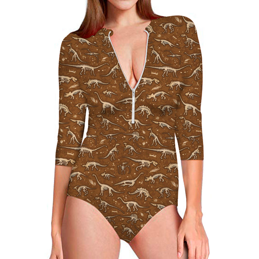 Dino Skeleton Fossil Pattern Print Long Sleeve Swimsuit