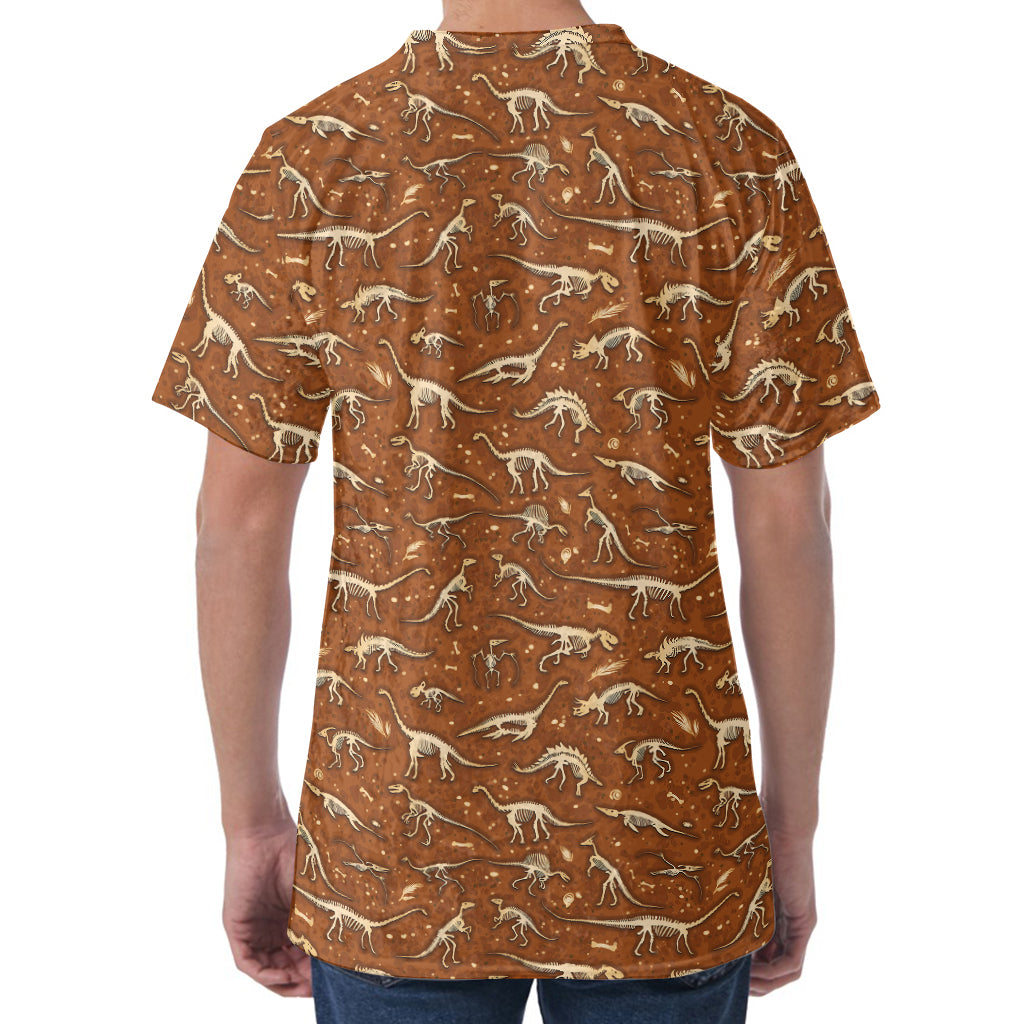 Dino Skeleton Fossil Pattern Print Men's Velvet T-Shirt