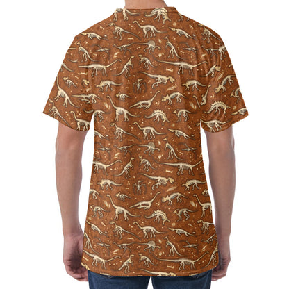 Dino Skeleton Fossil Pattern Print Men's Velvet T-Shirt